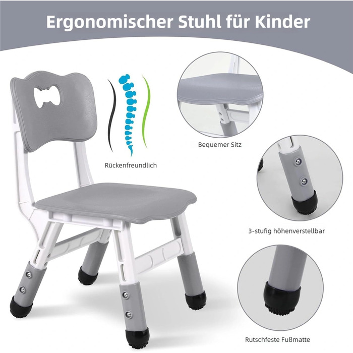 Дитячий стіл Clevich з 2 стільцями, комплект столу та стільців, дитяча група сидінь з регульованою висотою, дитячі меблі для дитячої кімнати, художній стіл та група сидінь - ергономічний, багатофункціональний - сірий