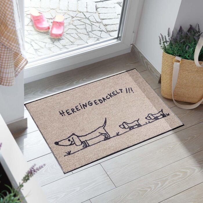 Килимок для дверей Salonloewe, що миється, 50x75 см, Hereingedackelt Family Beige, з мотивом сімейної такси, брудозбірний килимок, килимок для очищення, килимок для дверей для собак 50 x 75 см (прямокутний), бежевий