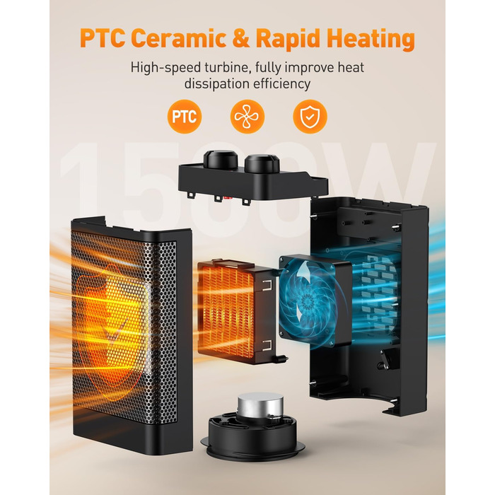 Енергозберігаючий вентилятор-обігрівач, 1500 Вт, 3 режими нагріву, керамічний електричний нагрівальний елемент, коливання 70, захист від перегріву та перекидання, тихий кімнатний обігрівач для використання в офісі, вітальні, спальні