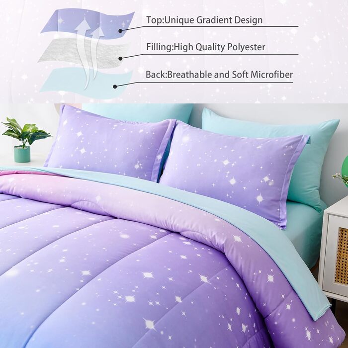 Комплект дитячої постільної білизни Drucon rainbow для дівчаток, постільна білизна в мішку з 6 предметів, двоспальний розмір, ульт