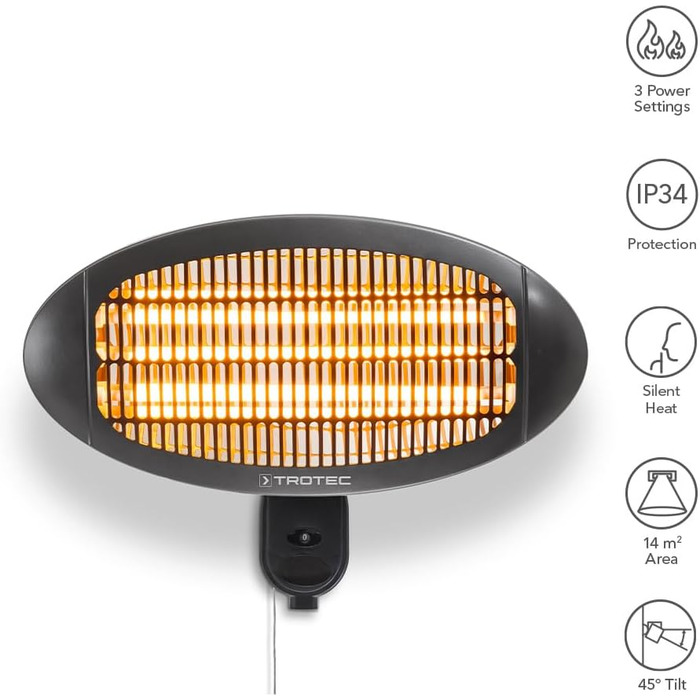 Інфрачервоний обігрівач для тераси TROTEC IR 2000 S Теплова потужність 650 Вт / 1300 Вт / 2000 Вт Окремостоячий, настінний, енергоефективний, IP34