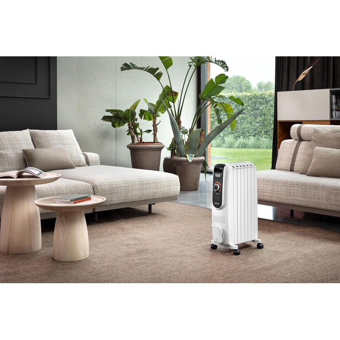 Масляний обігрівач De'Longhi Dragon EasyTronic (TRD50615) для приміщень до 45 м, електрообігрів з термостатом безпеки, 6 секцій, 12 рівнів температури, портативний, 1500 Вт, білий