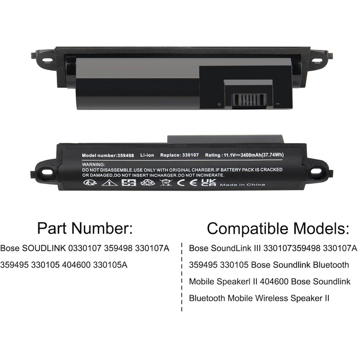 Акумулятор для Bose SoundLink III 330107 359498 330107A 359495 330105 330105A Замінний акумулятор для Bose SoundLink Bluetooth Mobile Speaker II 404600, 11.1V 3400mAh 359495
