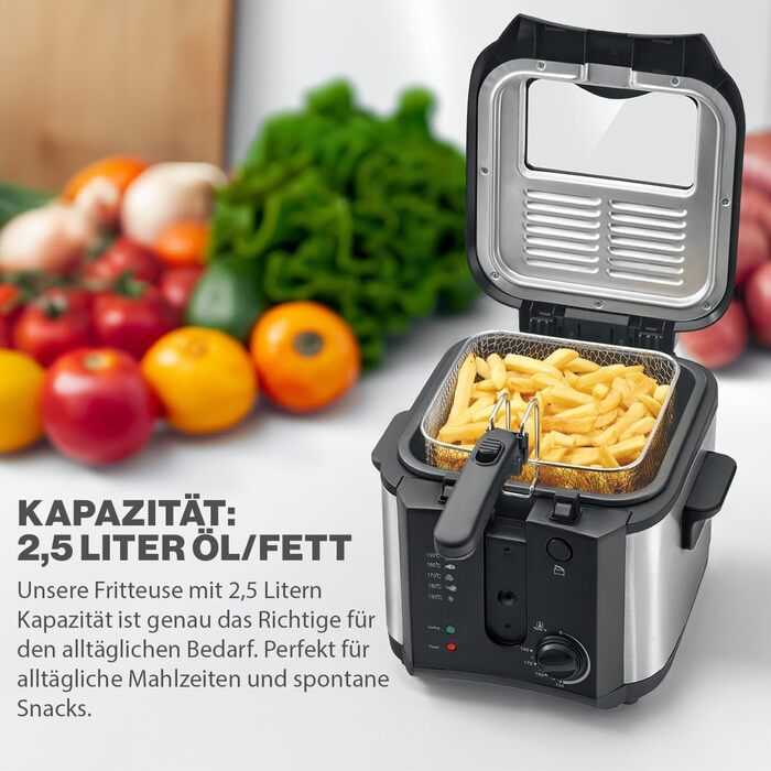 Фритюрниця Clatronic з місткістю олії/жиру 2.5 л Фритюрниця з контейнером для олії з антипригарним покриттям Frying Eye з 2 світловими індикаторами З оглядовим вікном і фільтром для запахів і жиру ФР 3649