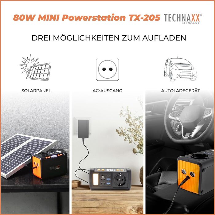 Міні-зарядна станція Technaxx TX-205 зі світлодіодною панеллю, лампою, 5 портами USB - 74 Втгод, портативним зарядним пристроєм 230 В з вбудованим розетком для ноутбука, мобільного телефону, міні-холодильника тощо, сумісна із сонячними зарядними пристроям