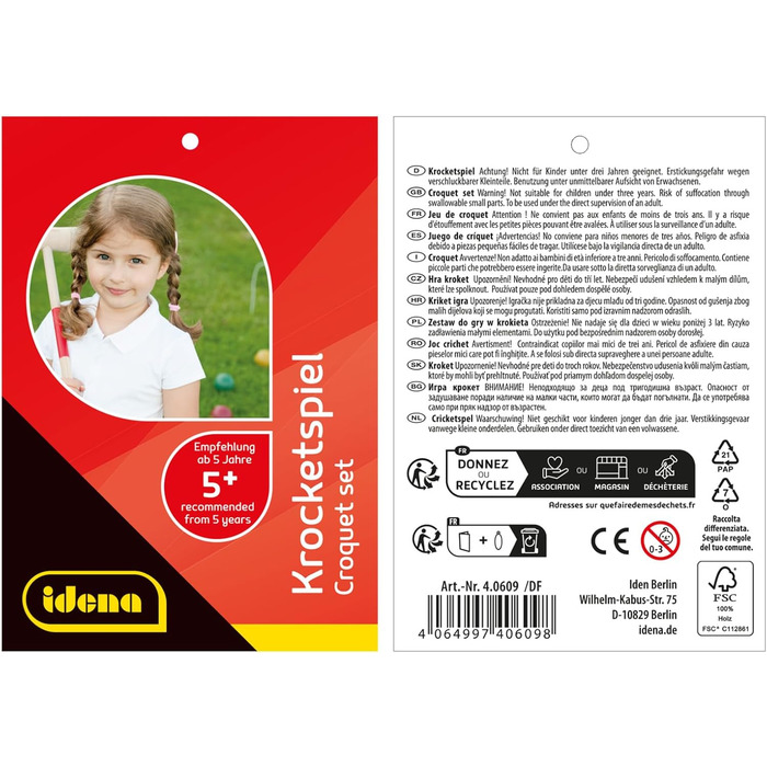 Дерев&39яний набір для крокету з молотками, м&39ячами, металевими хвіртками та стійками воріт, у практичній сітці для перенесення, цікава гра для дозвілля в саду та парку - Idena 40609