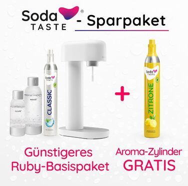 Економ пакет Mysoda Ruby - алюмінієвий виробник газованої води з пластиковою пляшкою об'ємом 1 л і 0,5 л без бісфенолу А, циліндр CO2 Classic циліндр CO2 Lemon (білий)