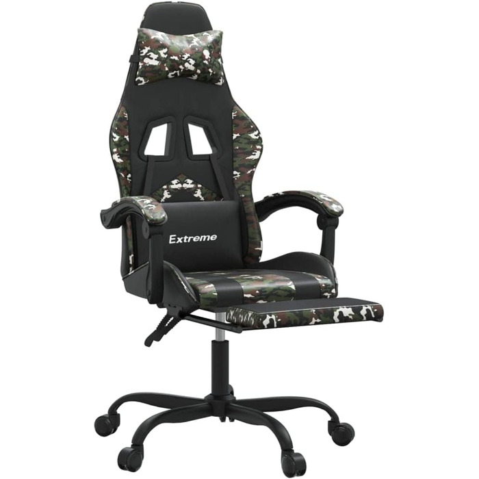 Геймерське крісло з підставкою для ніг, обертове, чорний камуфляж, штучна шкіра, регульована спинка, висота, функція повороту на 360 градусів, ергономічне, зручне, міцний матеріал, USB-порт, 36,5 x 42 см (Ш x Г), зелений колір