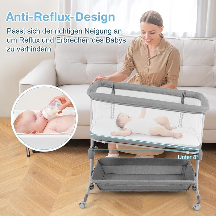 Дитяче ліжечко DREAMADE, 6-рівневе регульоване по висоті дитяче ліжечко з м&39яким матрацом, колесами та сумкою для перенесення, портативне дорожнє ліжечко 87 x 63 см для дому та подорожей, 0-6 місяців до 9 кг (світло-сіре)