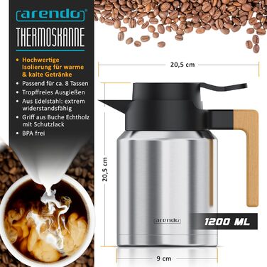 Термос з нержавіючої сталі 1 л - Подвійні стінки - 1200 мл - Нержавіюча сталь SUS 201/304 - Ручка з натурального бука - Швидке закриття - Герметичний - Знімна кришка - Без BPA