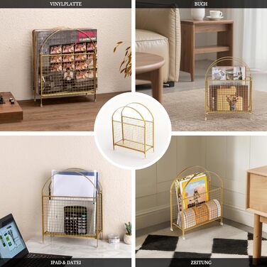 Окремостоячий тримач для журналів PUERSI сучасний дизайн сумки, металевий органайзер для журналів, вінілових платівок, газет (золотистий)