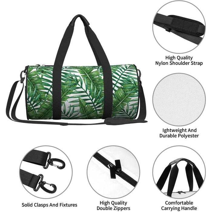 Спортивна сумка для подорожей, принт Листя банана, зелений малюнок, чорний колір, універсальний розмір