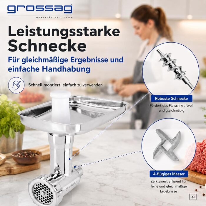 Насадка-м'ясорубка grossag для KitchenAid з нержавіючої сталі, 3 перфораційні решітки, KFW 500