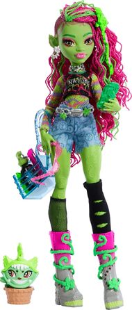 Лялька Monster High Venus McFlytrap з рослинним монстром-кітом Чуліаном та аксесуарами, такими як рюкзак, блокнот, снеки тощо, HRP81 Lime Green
