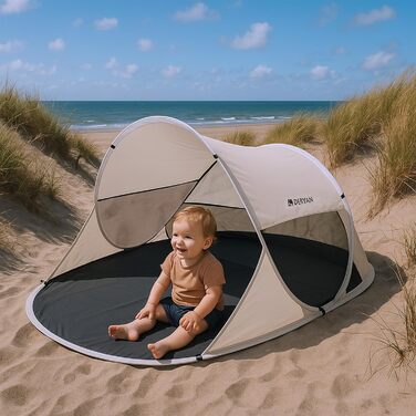 Великий розкладний пляжний намет Deryan встановлення за 1 секунду, захист від ультрафіолету 50 та вітронепроникний, легкий та складний пісочний 205 x 128 x 95 см, кремовий