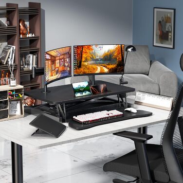 Стіл для роботи сидячи та стоячи, робоча станція стоячи, стіл для роботи стоячи, ергономічне регулювання висоти, робоча станція для двох моніторів та ноутбуків з великим відсіком для клавіатури, підставка для офісу для роботи сидячи та стоячи (80 см)