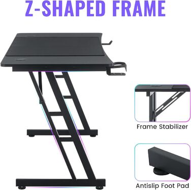 Ігровий стіл, ігровий стіл 120x60 см, комп&39ютерний стіл з підставкою для чашок та гачками для навушників, ергономічний ігровий стіл, Z-подібний ігровий стіл для дому та офісу