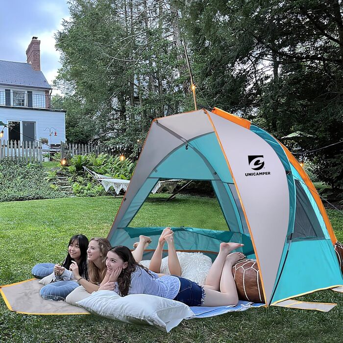 Пляжний намет UNC для 2-3 осіб захист від сонця UPF 50, водонепроникна підлога з поліетилену та 3 сітчасті вікна, переносний пляжний навіс, легке складання на вулиці (синій)