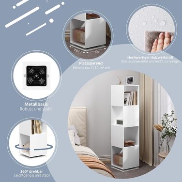 Поворотна полиця EUGAD, 4-рівнева поворотна книжкова полиця, полиця для зберігання на місці, офісна полиця, полиця для документів, для вітальні, спальні, офісу, дитячої кімнати, 35x145x35 см, білий 0046SHG