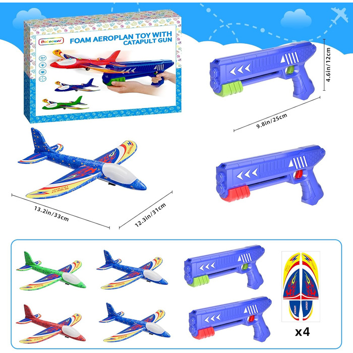 Іграшка-літак Doloowee, 3 пінопластові літаки з катапультою, іграшкова іграшка для дітей віком від 4 років, подарунок для хлопчиків та дівчаток 4, 5, 6, 7, 8, 9, 10 років, світло-блакитний