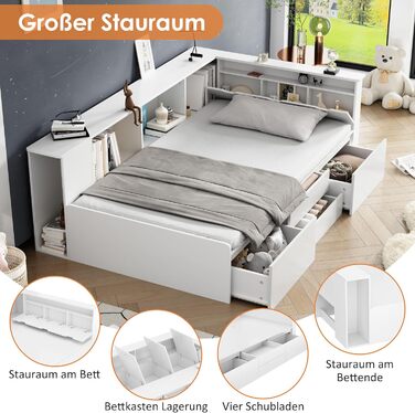 Односпальне ліжко Aoskem дитяче ліжко ліжко 90x200 ліжко з ящиками для зберігання та шафою для зберігання та книжковою полицею, де