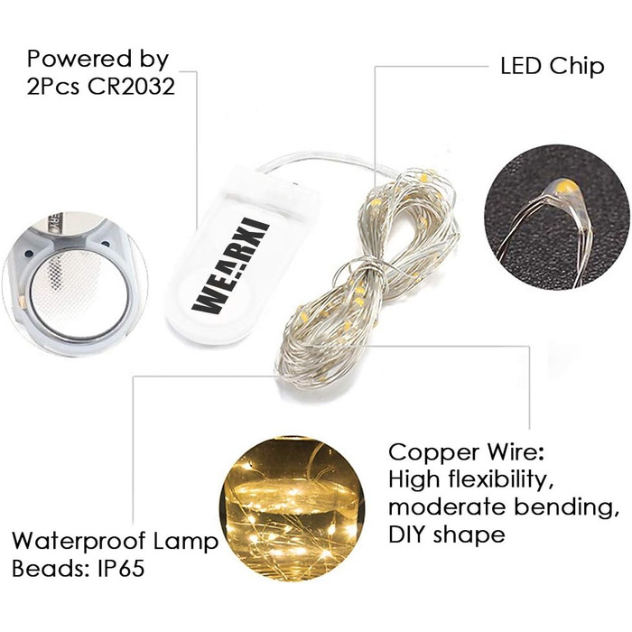 Акумуляторна батарея WEARXI, 10 шт. 2M 20 міні-світлодіодних гірлянд з акумулятором, казкові гірлянди в приміщенні, світлодіодні г