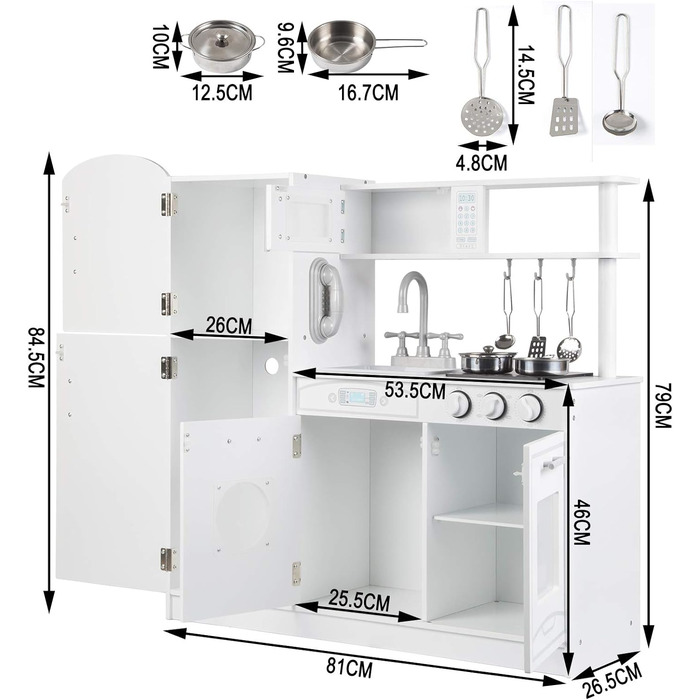 Дитяча ігрова кухня WOLTU з дерева з аксесуарами, дитяча рольова гра для дітей, в т.ч. кухонний набір з 5 предметів (білий)