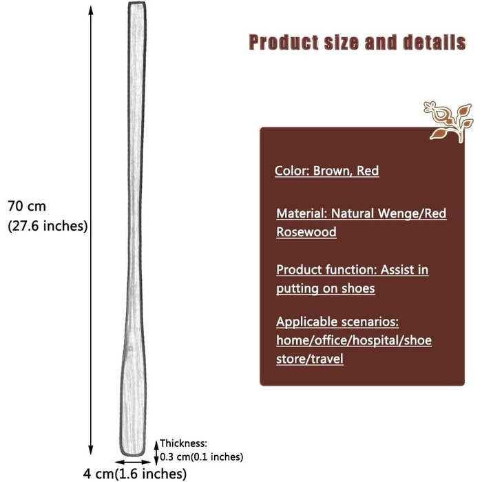 Для жінок вдома Наддовгий дерев'яний взуттєвий помічник з довгою ручкою, безпечне використання для вагітних жінок і літніх підйомників взуття, зручний і стабільний ріжок, подарунок (70*4 см коричневий червоний