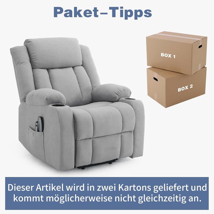 Крісло-реклайнер LEADZM для телевізора з підйомником, електричне масажне крісло з функцією відкидання, допомога вставанню, масаж, підігрів, 2 бічні кишені, підстаканник, світло-сірий