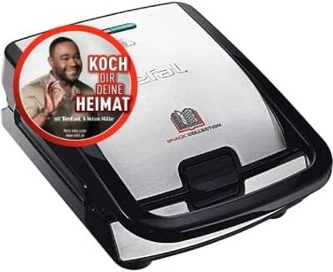 Набір Tefal Snack Collection з 4 шт. SW854D Комбінований пристрій Включає 4 набори пластин з антипригарним покриттям Можна мити в посудомийній машині Паніні, вафлі, сендвічі, солодкі тістечка 700 Вт Чорний/Нержавіюча сталь