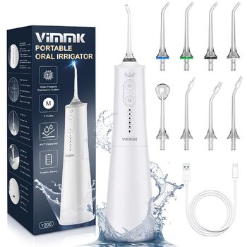 Професійний іригатор для порожнини рота Vimmk, водонепроникний IPX7, резервуар 300 мл, USB-C зарядка, для очищення зубів (білий)