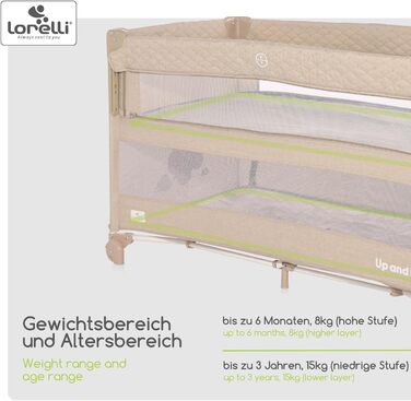 Дитяче ліжечко Lorelli 3-в-1, приліжкове ліжечко та манеж, що розкладається вгору та вниз, 2-рівневе дитяче ліжко з боковим входом та складною бічною панеллю, дитяче дорожнє ліжечко, бежево-коричневий колір