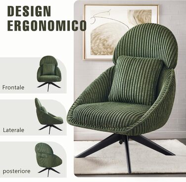 Крісло-шезлонг, крісло для вітальні, поворотне на 360, крісло з відкидною спинкою, м&39яке крісло з товстою знімною декоративною подушкою, крісло-реклайнер/крісло для читання для вітальні, спальні, офісу, зелене