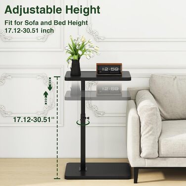 Журнальний столик IBUYKE C-подібної форми, обертовий на 360 та регульований по висоті, для вузьких приміщень, з відсіком для телефону та планшета, для вітальні, спальні, чорний TVT003B Стандарт - Без нахилу Чорний