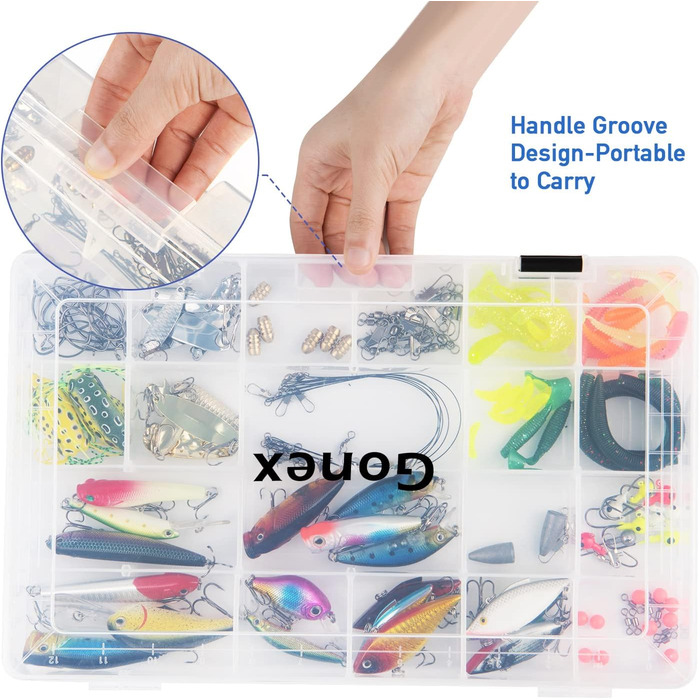 Ящики для рибальських снастей Gonex, 3/4 шт., прозорий пластиковий рибальський ящик з регульованими роздільниками для рибальських аксесуарів, рибальський чохол, сітка 18/24, 4 шт., 3700 (35,5x22x4,6 см)