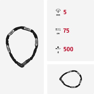 Ланцюговий замок ABUS Steel-O-Chain 5805C кодовий замок виготовлений зі сталевого ланцюга товщиною 5 мм рівень безпеки ABUS 4, чорний, 75 см, одинарний