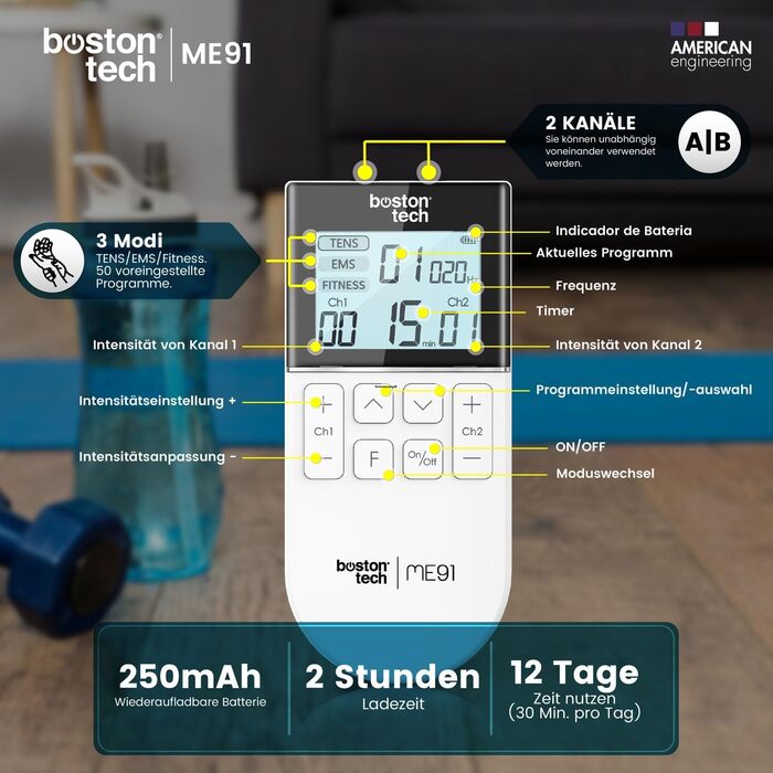 Пристрій для стимуляції болю Boston Tech Tens Device - Сертифікований медичний пристрій для стимуляції струму з 50 програмами та 16 рівнями інтенсивності - Акумуляторний EMS-пристрій 3в1 для розслаблення м'язів