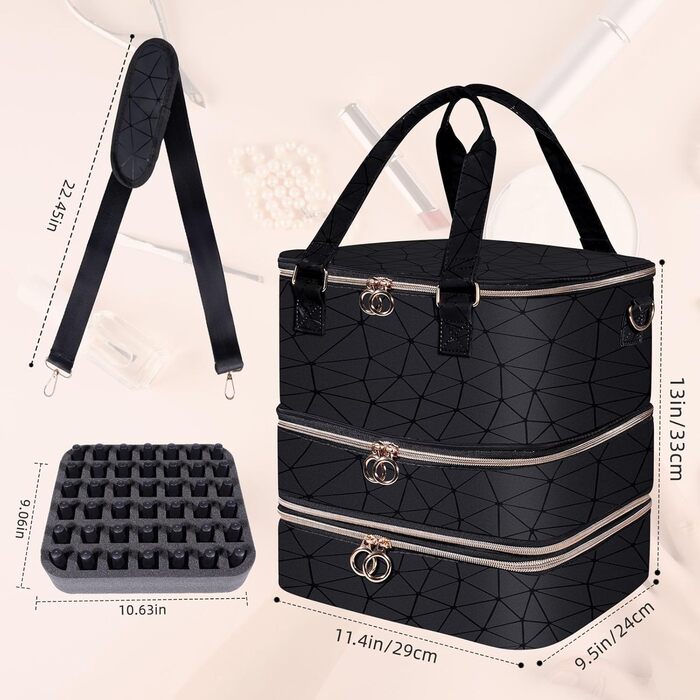 Футляр для зберігання лаку для нігтів на 84 пляшечки та 1 світлодіодну лампу для нігтів, сумка-органайзер для макіяжу, косметичка для аксесуарів для дизайну нігтів, органайзер для лаку для нігтів (чорний) чорно-сірий