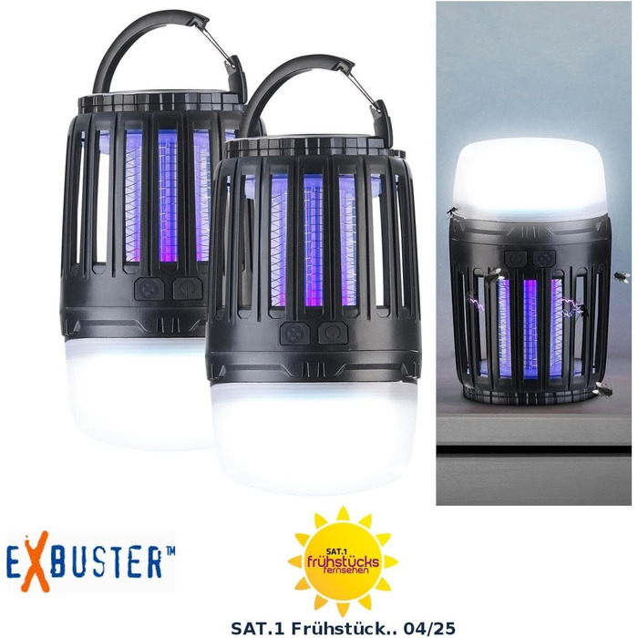 Засіб від комарів Exbuster 2 шт. УФ-засіб від комах 2-в-1 та ліхтар для кемпінгу з акумуляторною батареєю, USB (лампа від комарів, вуличний засіб від комах з акумуляторною батареєю, настільна лампа з батареєю)