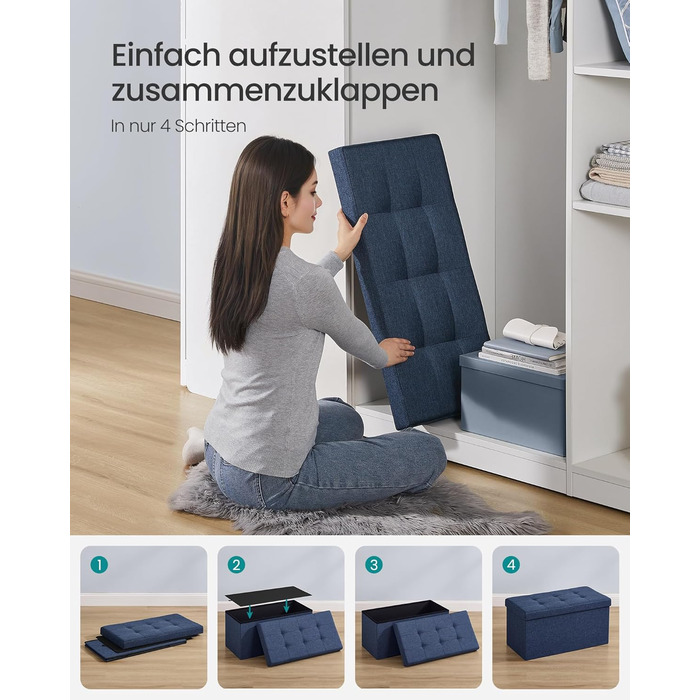 Пуф для зберігання SONGMICS, Складана лавка, Пуф для ніг 38 x 76 x 38 см, Коробка для зберігання, Вантажопідйомність до 300 кг, для вітальні, спальні, коридору, Темно-синій SPF 47IN 76B см Темно-синій