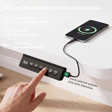 Регульований по висоті письмовий стіл JUMMICO 160x70 см, з USB-портом, пам'яттю на 2 режими, системою антиколазії та функцією нагадування, білий