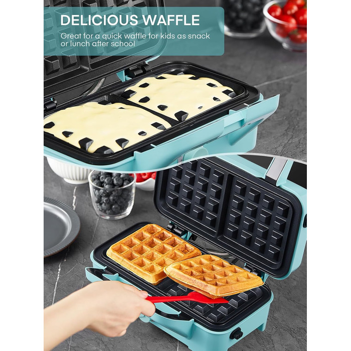Бутербродниця 3 в 1, вафельниця/контактний гриль/бутербродниця 1200 Вт, 5-швидкісний контроль температури, набори пластин Coater з антиприлипним покриттям, термоізольована ручка, можна мити в посудомийній машині, світлодіодні лампи, синій