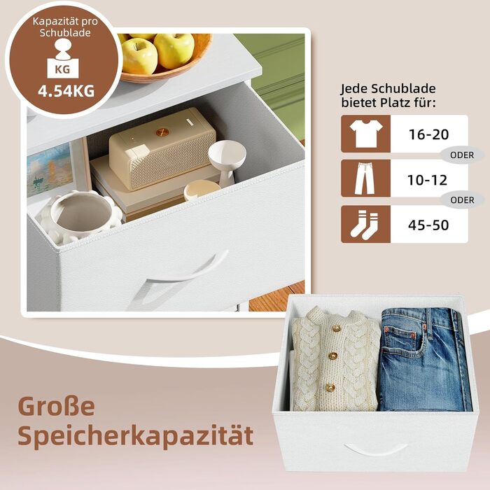 Комод Somdot, комод для спальні, вітальні, коридору, комод, шафа для зберігання, тканинний комод, 4 тканинні шухляди, білий, 30Г x 42Ш x 93В см, біла шкіра 30Г x 42Ш x 93В см (4 шухляди)