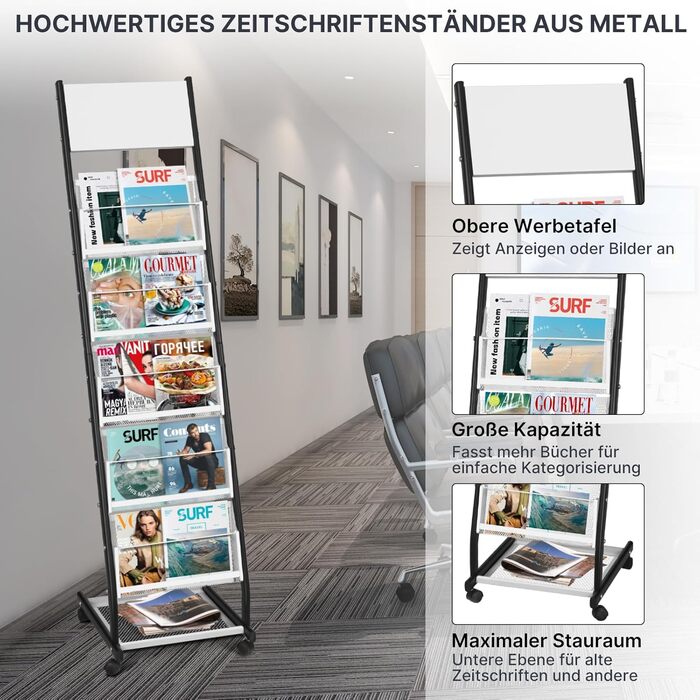 Шарова стійка для журналів SUNDOY з колесами підлогова підставка для брошур та каталогів, стійка для журналів на колесах для офісу, ярмарків та дому (ширина 32,5 см) 5-шарова, ширина 32,5 см, 5-