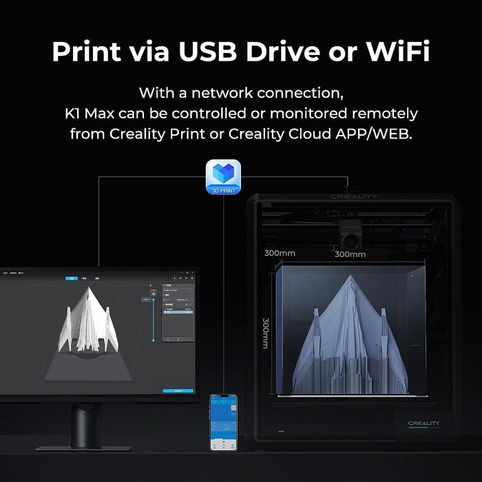 Принтер Creality K1 Max, швидкість друку 600 мм/с, автоматичне вирівнювання, подвійне охолодження, інтелектуальна камера AI, велик