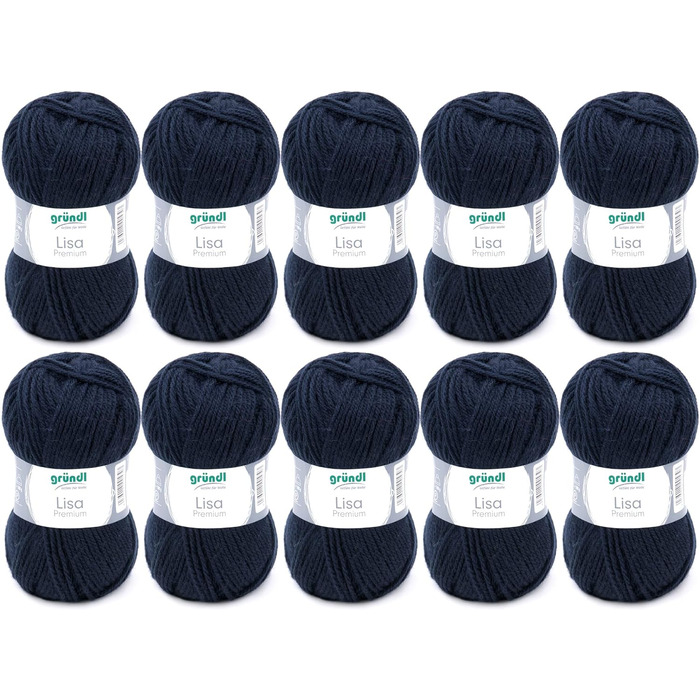 Пряжа Grndl Lisa Premium Uni Knitting & Crochet Yarn (м'яка і вовняна характер, проста в догляді миється трикотажна пряжа з 100 поліакрилу, 50 г/ 133 м, розмір голки 3,5 - 4,5, 10 клубків по 50 г кожен), (темно-синій)