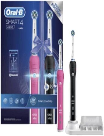 Акумуляторна електрична зубна щітка Oral-B Smart 4 4900 CrossAction від Braun, 2 гільзи підключені 1 рожева і 1 чорна, 2 щітки