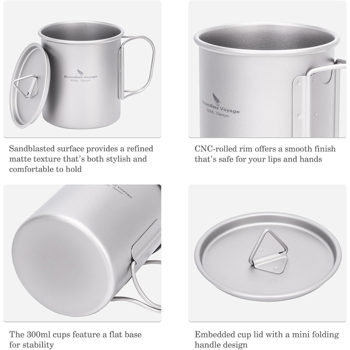 Титанова кружка Boundless Voyage з кришкою, для використання на свіжому повітрі, легка, для походів, подорожей з рюкзаком, кемпінгу (300 мл - сіра)