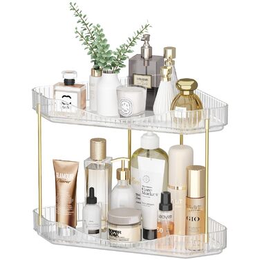 Органайзер для макіяжу Lifewit, органайзер для туалетного столика, міцна кутова багатофункціональна полиця для парфумів/засобів догляду за шкірою/гелю для душу у ванній кімнаті, кухні, спальні, прозорий, 2 рівні (25,4 см заввишки)
