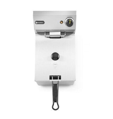 Фритюрниця HENDI 205815, фритюрниця, фритюрниця, регульована до 190C, холодна зона, з кошиком для смаження та кришкою, знімний таз, безпечний термометр, 6 л, 230 В, 3300 Вт, 265x430x(H) 290 мм, нержавіюча сталь, синій 6 л